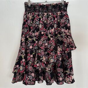 Odd Molly Floral Smocked Waist Midi Skirt Tiered Ruffle – M